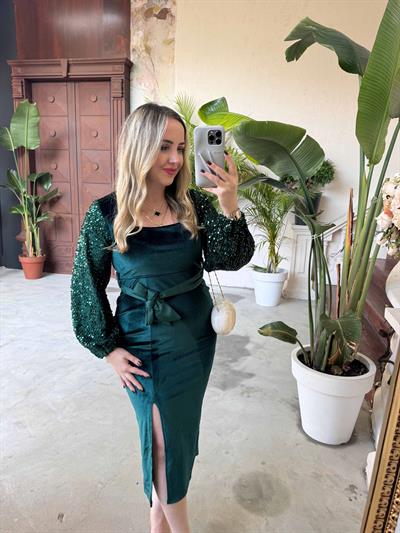 Kadife Kolları Payet Tasarım Kadife Zümrüt Elbise