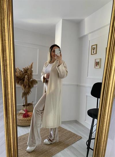 Kadife Yüksek Bel Krem Pantolon