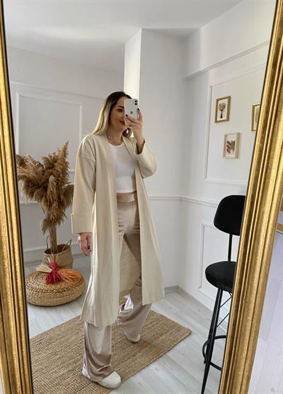 Kadife Yüksek Bel Krem Pantolon