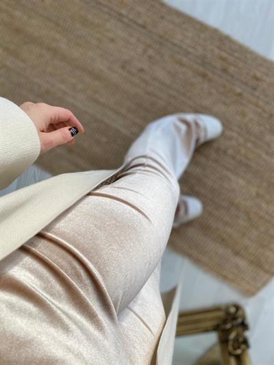 Kadife Yüksek Bel Krem Pantolon