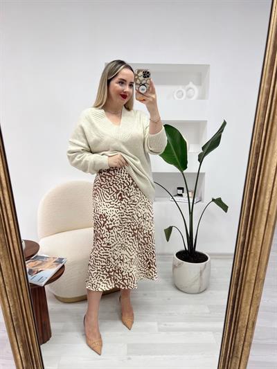 Kahve-Bej Desenli Saten Etek