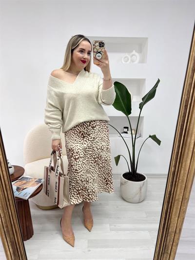 Kahve-Bej Desenli Saten Etek