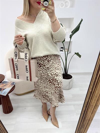 Kahve-Bej Desenli Saten Etek