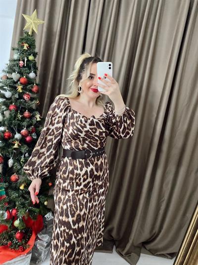 Kahverengi Leopar Desen Degaje Yaka Elbise