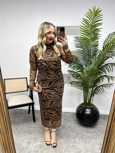 Kahverengi Zebra Drapeli Tül Elbise