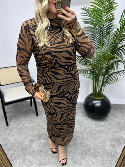 Kahverengi Zebra Drapeli Tül Elbise