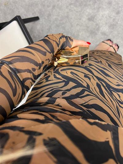 Kahverengi Zebra Drapeli Tül Elbise