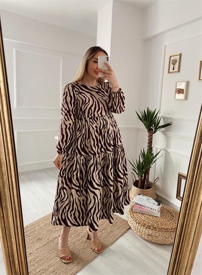 Kahverengi Zebra Poplin Elbise