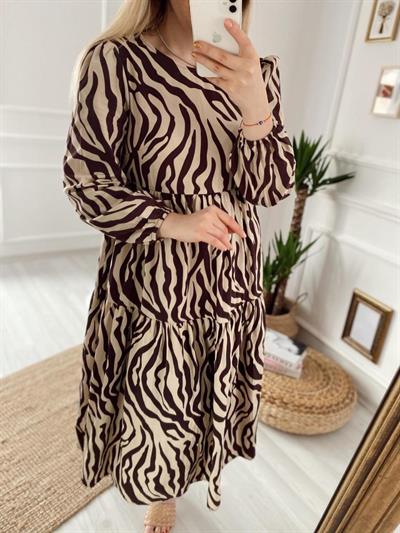 Kahverengi Zebra Poplin Elbise