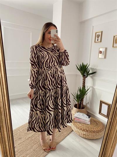 Kahverengi Zebra Poplin Elbise
