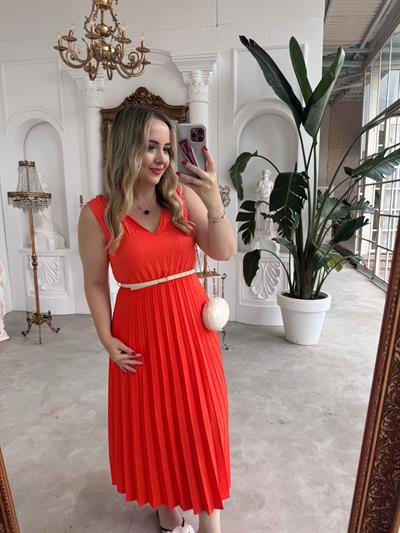 Kalın Askılı Piliseli Kemerli Keten Elbise Nar Çiçeği