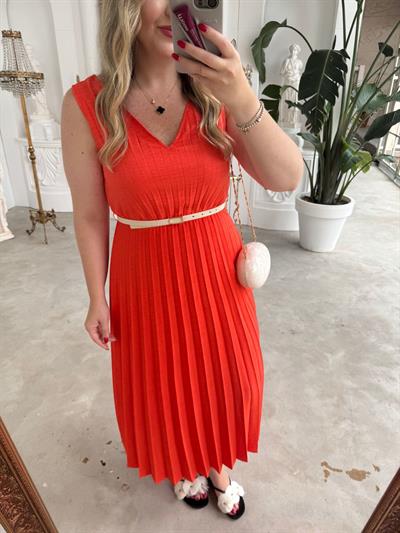 Kalın Askılı Piliseli Kemerli Keten Elbise Nar Çiçeği