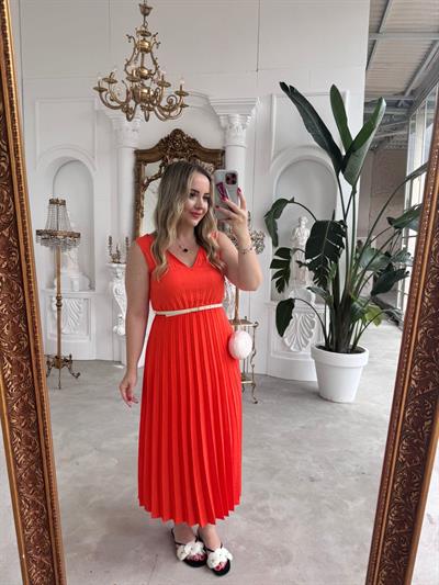 Kalın Askılı Piliseli Kemerli Keten Elbise Nar Çiçeği