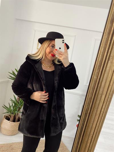 Kapüşonlu Suni Kürk Siyah