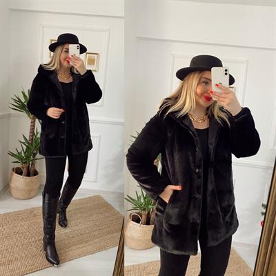 Kapüşonlu Suni Kürk Siyah