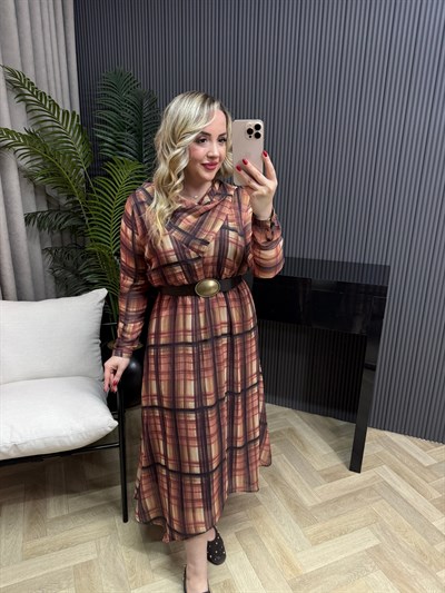 Kareli Kemerli Tül Elbise  