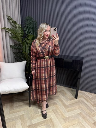 Kareli Kemerli Tül Elbise  