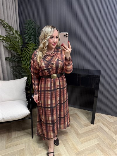 Kareli Kemerli Tül Elbise  