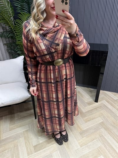 Kareli Kemerli Tül Elbise  