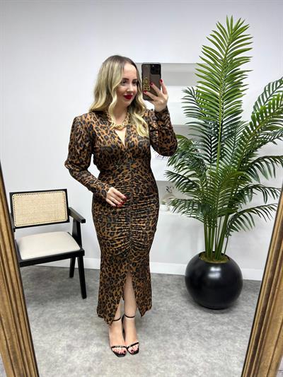 Karpuz Kol Vatkalı Leopar Desenli Elbise