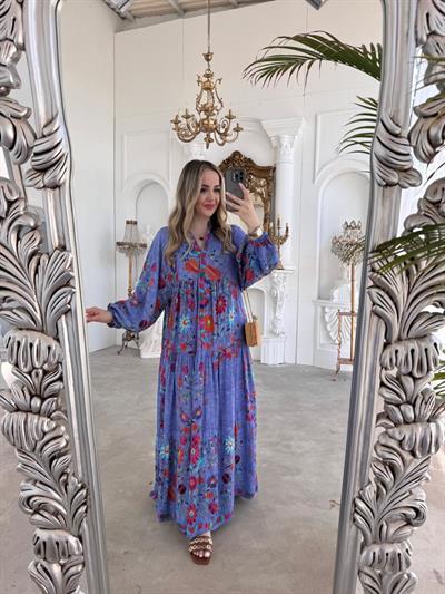 Katleya Model Mavi Kırmızı Çiçekli Elbise