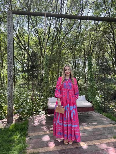 Katleya Model Pembe Mavi Desenli Elbise