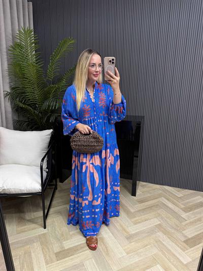 Katleya Model Pembe Mavi Kiremit Desenli Elbise