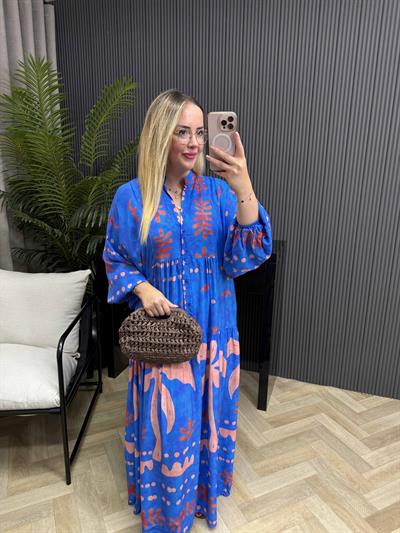 Katleya Model Pembe Mavi Kiremit Desenli Elbise