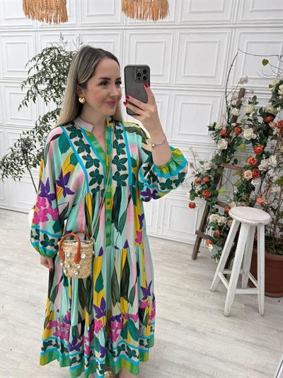 Katleya Yeşil  Çiçekli Elbise