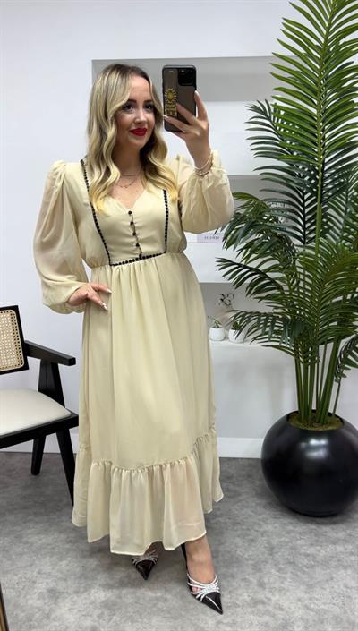 Katya Beli Lastikli Siyah Elbise Ekru