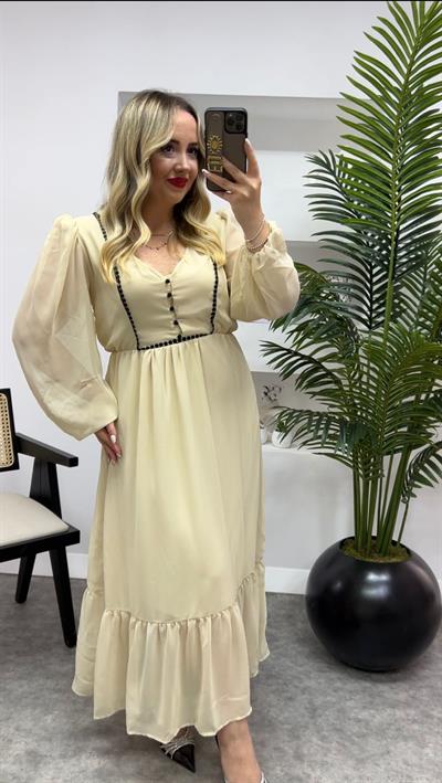 Katya Beli Lastikli Siyah Elbise Ekru