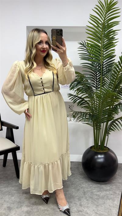 Katya Beli Lastikli Siyah Elbise Ekru