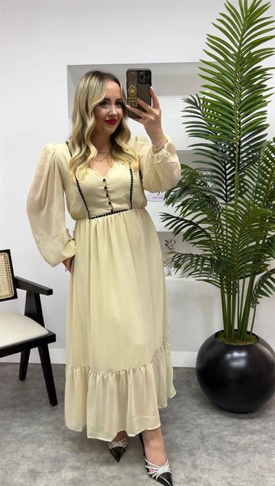 Katya Beli Lastikli Siyah Elbise Ekru