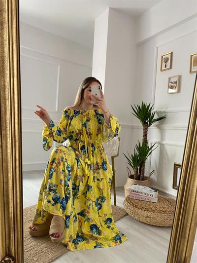 Kayık Yaka Belden Büzgülü Otantik Elbise