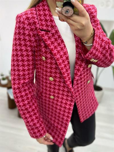 Kaz Ayağı Desen Pembe Ceket