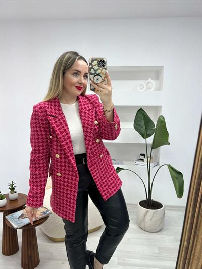 Kaz Ayağı Desen Pembe Ceket