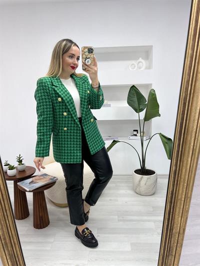 Kaz Ayağı Desen Tüvit Yeşil Ceket