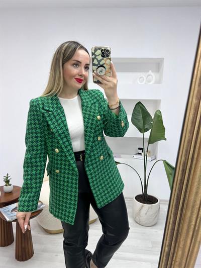 Kaz Ayağı Desen Tüvit Yeşil Ceket