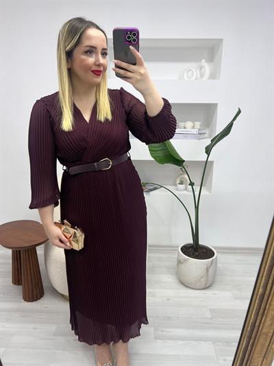 Kemerli Alya Tasarım Elbise Mürdüm