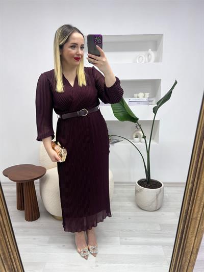 Kemerli Alya Tasarım Elbise Mürdüm