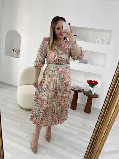 Kemerli Desenli Ekru Elbise