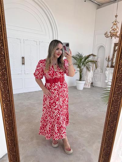 Kemerli Desenli Model Kırmızı Elbise