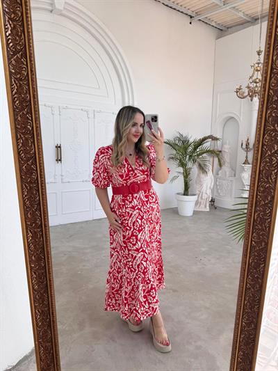 Kemerli Desenli Model Kırmızı Elbise