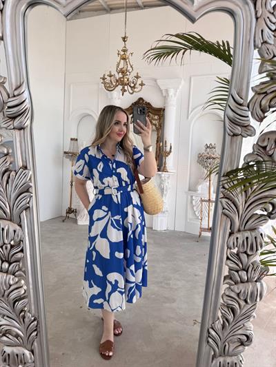 Kemerli Desenli Pamuk Poplin Elbise Mavi