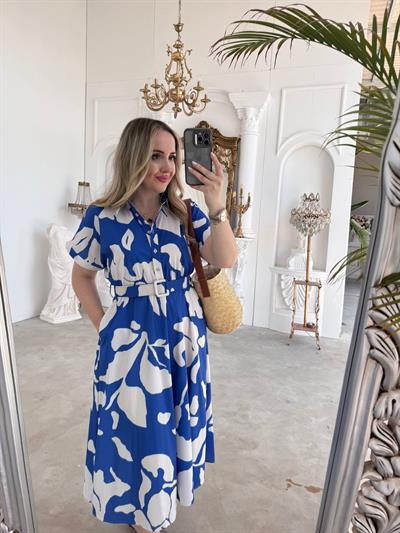 Kemerli Desenli Pamuk Poplin Elbise Mavi