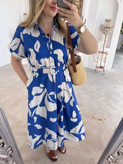 Kemerli Desenli Pamuk Poplin Elbise Mavi