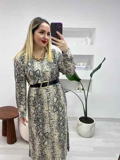 Kemerli Desenli Pamuk Viskon Elbise