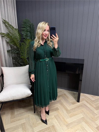 Kemerli Düğmeli Pilise Elbiseler Zümrüt