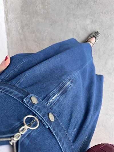 Kemerli Fermuarlı Tasarım Denim Jile Koyu Mavi
