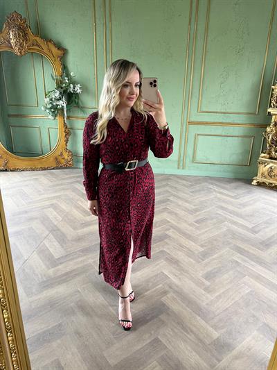 Kemerli Gömlek Elbise Kırmızı